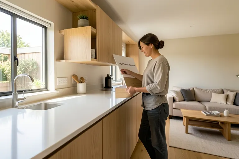 Kitchen finish coordinated with adjacent living room woodwork