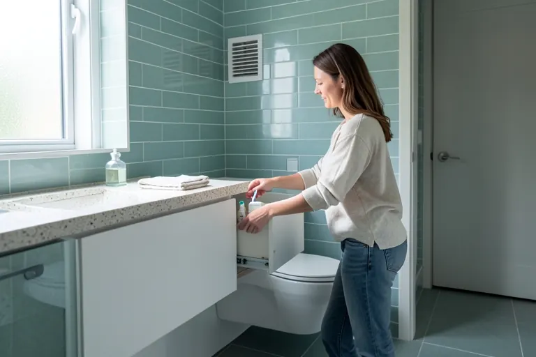 Calm bathroom with daily toiletries stored in a vanity drawer
