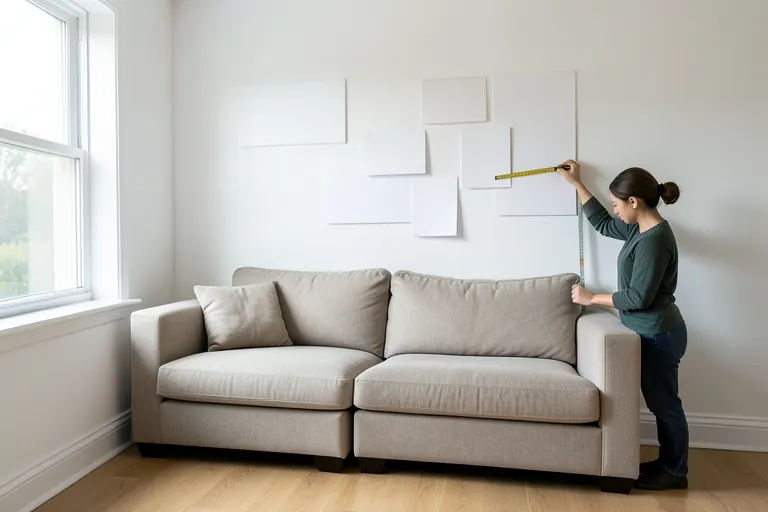 Blank paper templates testing artwork scale above a sofa