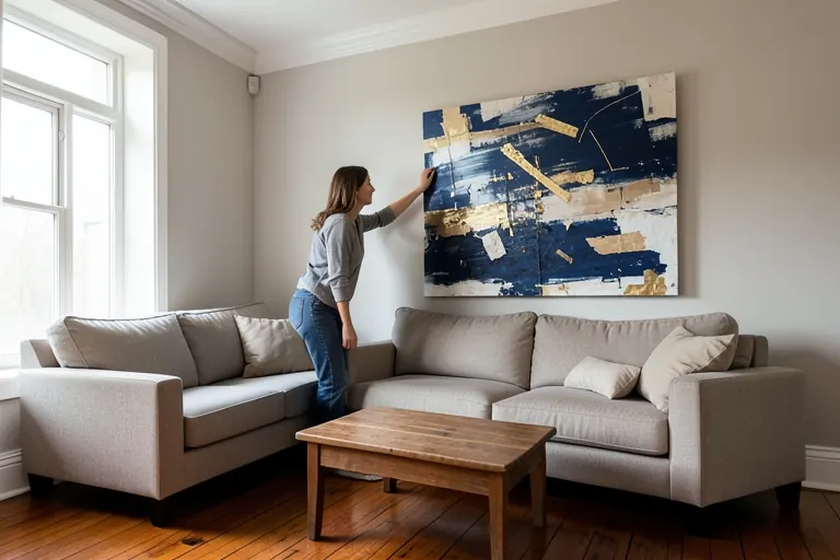 Living room organized around one large piece of artwork