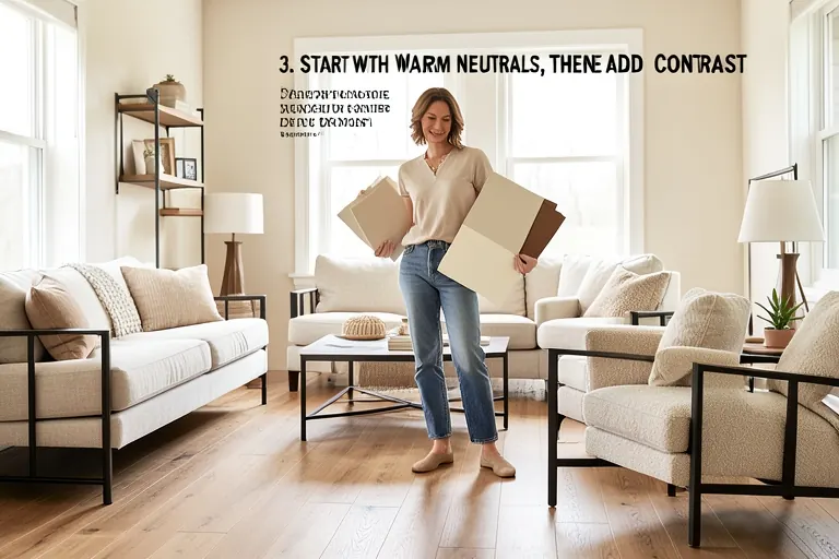 Warm neutral material samples compared beside oak flooring