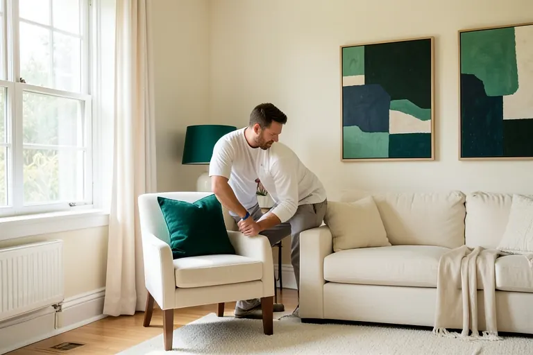 Emerald accents added to a restrained neutral living room