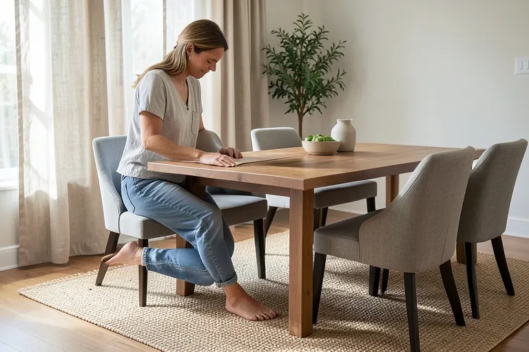 Natural dining materials balanced with a washable rug