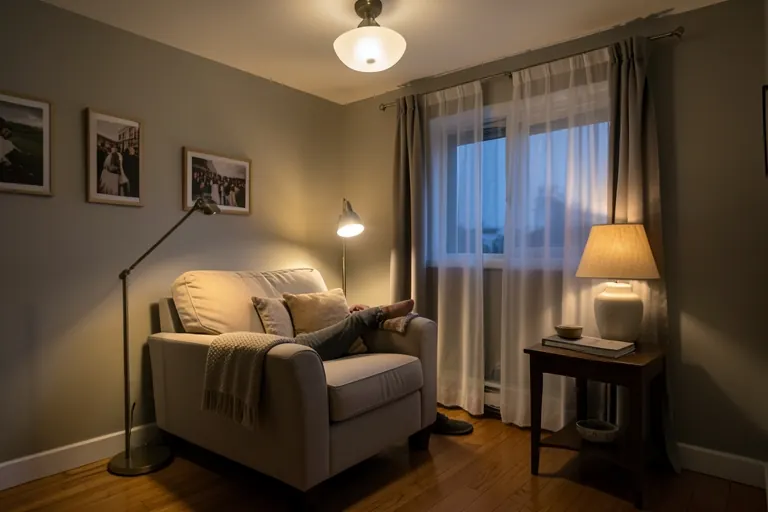 Living room using ceiling, table, and task lighting layers