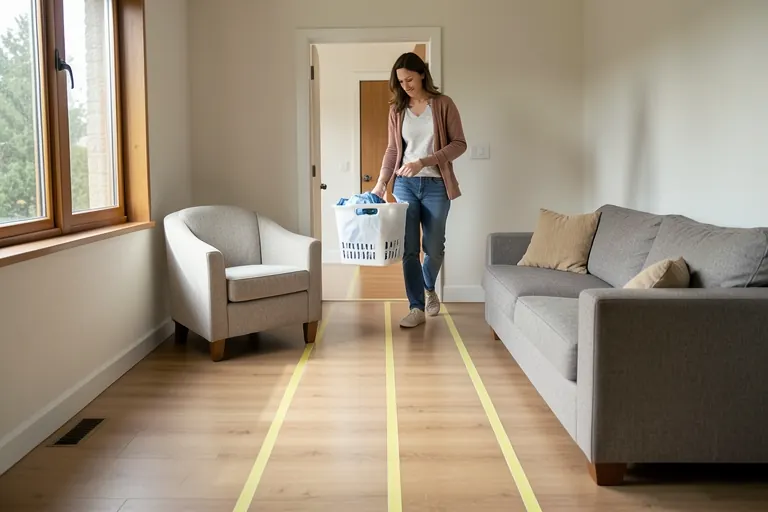 Homeowner testing a clear walking path through a family room