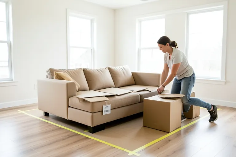 Cardboard sofa mock-up used to test furniture scale