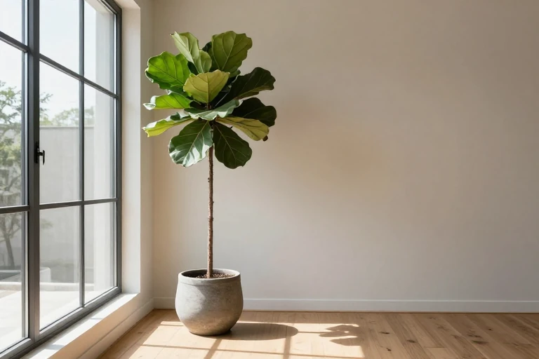 A tall indoor tree in a decorative stone planter placed beside a large window, casting soft shadows on the floor.