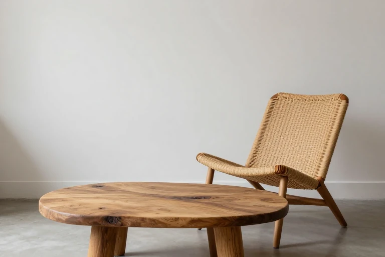 A rattan lounge chair with a curved back, placed beside a reclaimed‑wood coffee table.