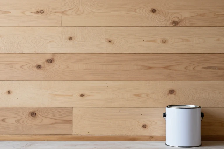 A paint can labeled low‑VOC next to a freshly painted reclaimed‑wood accent wall.