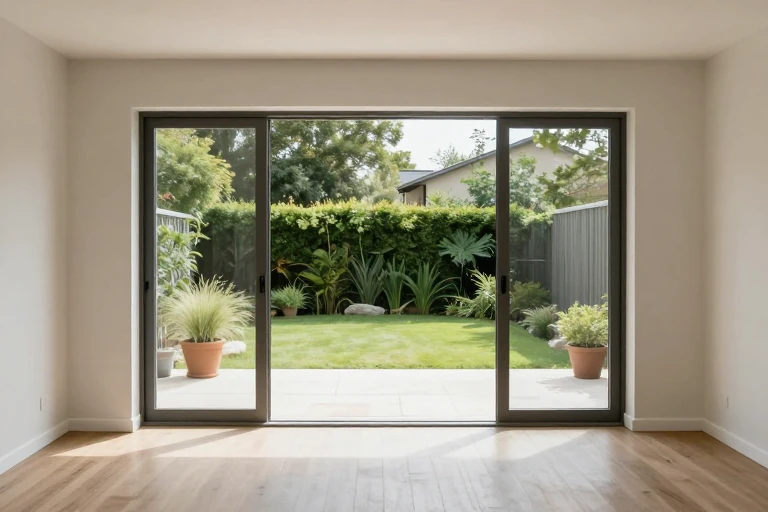 A set of sliding glass doors opening onto a patio garden, with a seamless transition between indoor and outdoor.