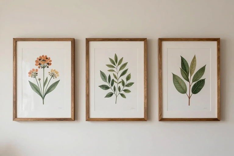A gallery wall of three botanical prints in reclaimed‑wood frames, illuminated by soft natural light.