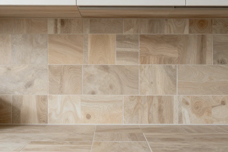 A kitchen backsplash with wood‑grain patterned tile, paired with a stone floor featuring a similar motif.