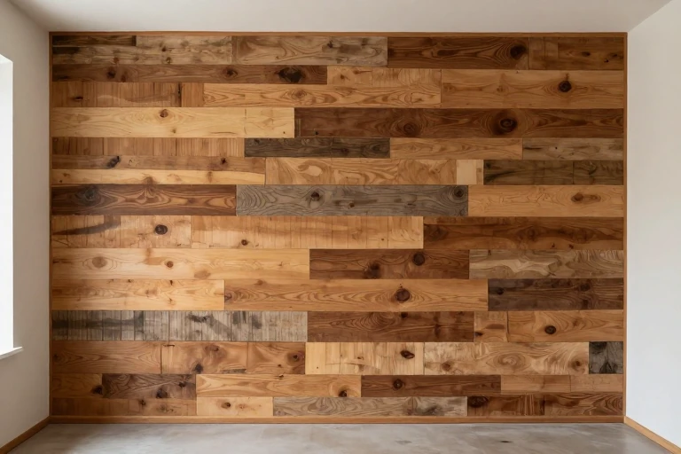 A reclaimed‑wood accent wall with warm lighting, showcasing varied grain patterns.