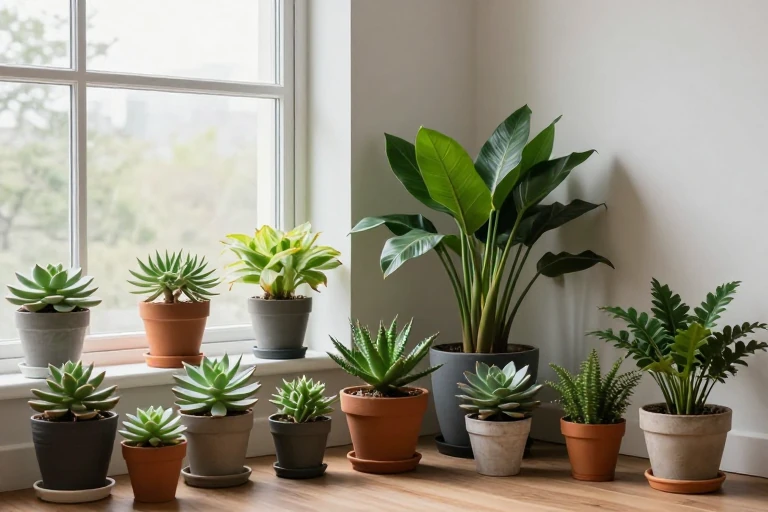 A collection of potted plants arranged by light needs, with succulents by a window and a ZZ plant in a shaded corner.