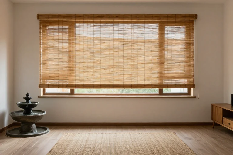 A bamboo blind partially closed, a wool rug on the floor, and a small tabletop fountain providing gentle sound.