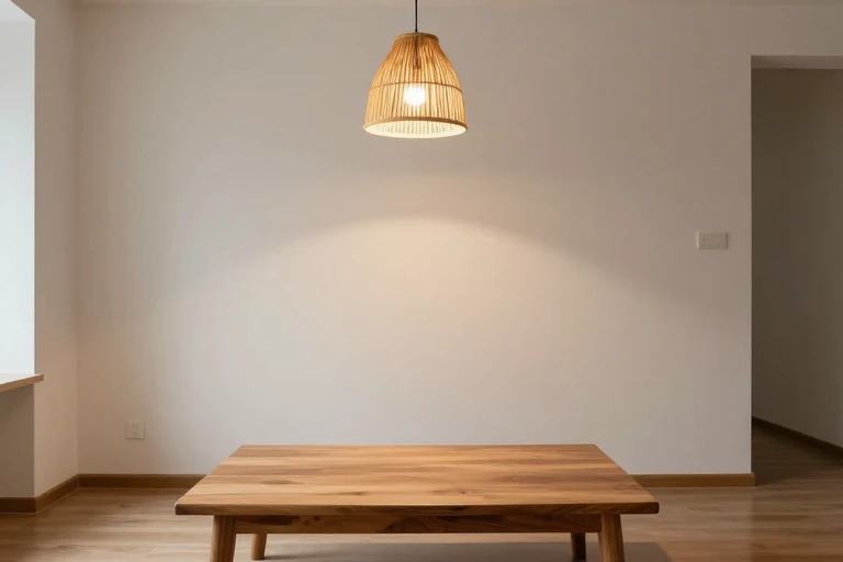 A bamboo pendant light casting a warm glow over a natural‑wood coffee table.