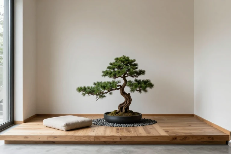 A low platform with a floor cushion, a bonsai tree, and a pebble tray, forming a tranquil Zen corner.