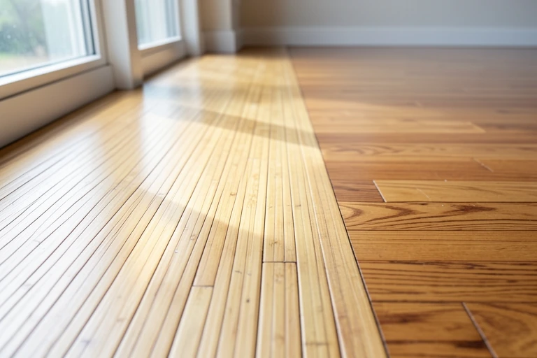 A section of bamboo flooring next to a hardwood floor, showing texture and color differences under natural light.