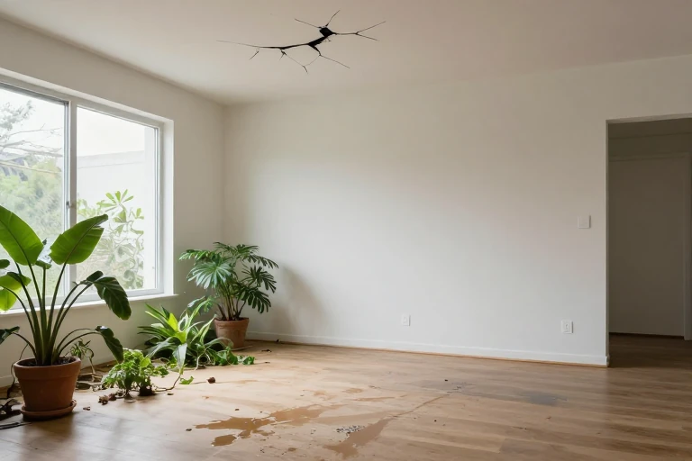 A cluttered room with overgrown plants, water stains on the floor, and a cracked ceiling tile.