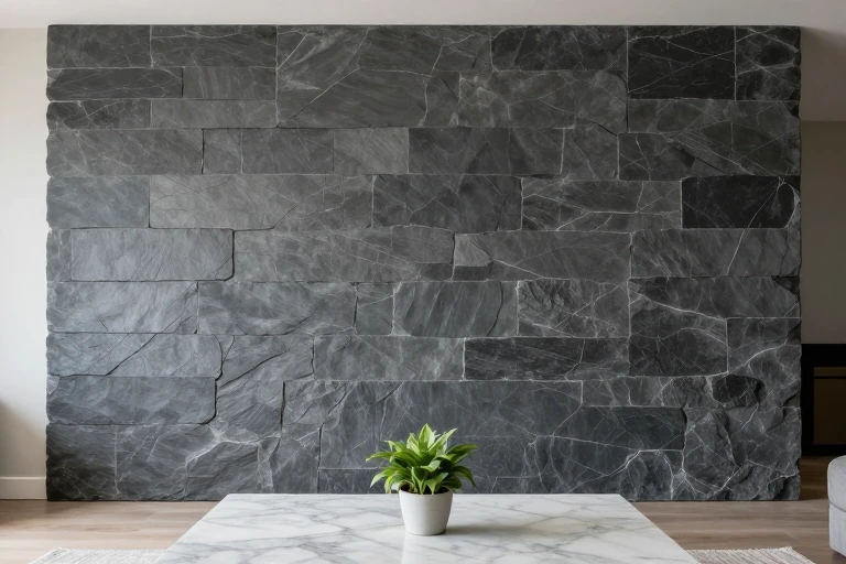 A slate accent wall with a marble coffee table and a small indoor plant, showcasing natural stone textures.