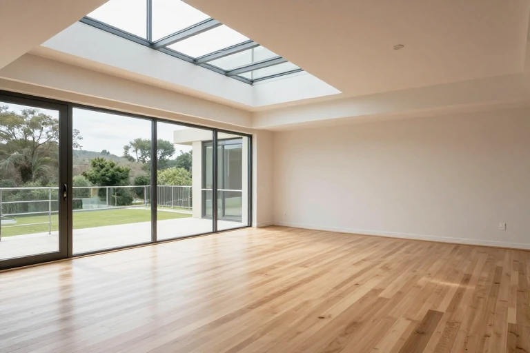 A bright living room with floor‑to‑ceiling windows and a skylight, flooding the space with natural light.