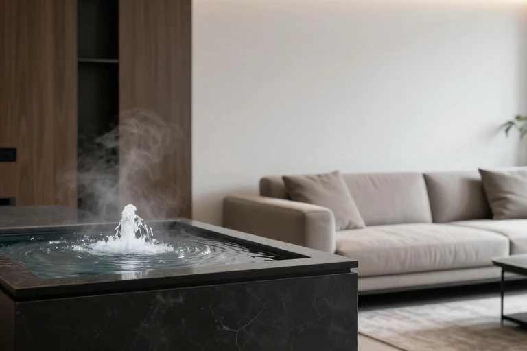 A sleek tabletop water fountain beside a low‑profile sofa, with gentle mist rising.
