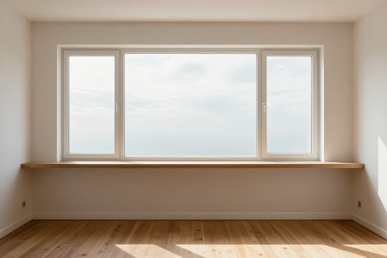 A light shelf above a window reflecting sunlight onto the ceiling, brightening the interior.
