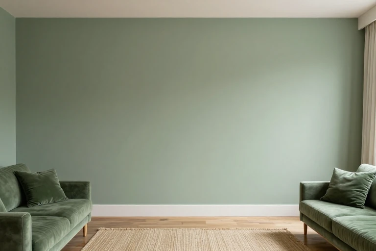 A wall painted in muted sage green with a woven rug and green cushions, creating a cohesive earthy look.