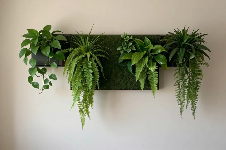 A modular green wall with trailing pothos and ferns, illuminated by soft ambient lighting.