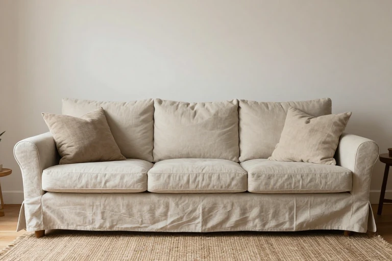 A linen sofa with wool throw pillows and a jute rug, showcasing natural textures.