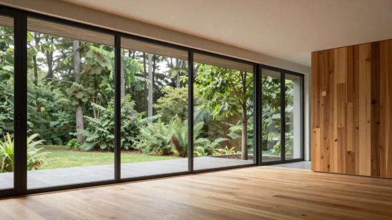 Spacious living room with floor‑to‑ceiling glass walls opening onto a forested patio, showcasing seamless indoor‑outdoor flow and abundant natural light.
