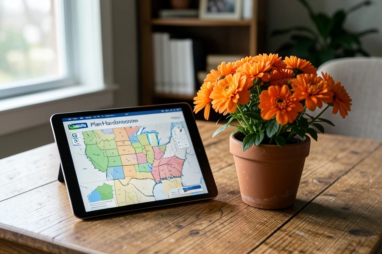 A gardener checking a USDA hardiness zone map on a laptop while holding a pot of autumn mums.