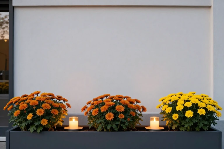 A planter with LED candles placed on a saucer, casting a warm glow on surrounding mums.