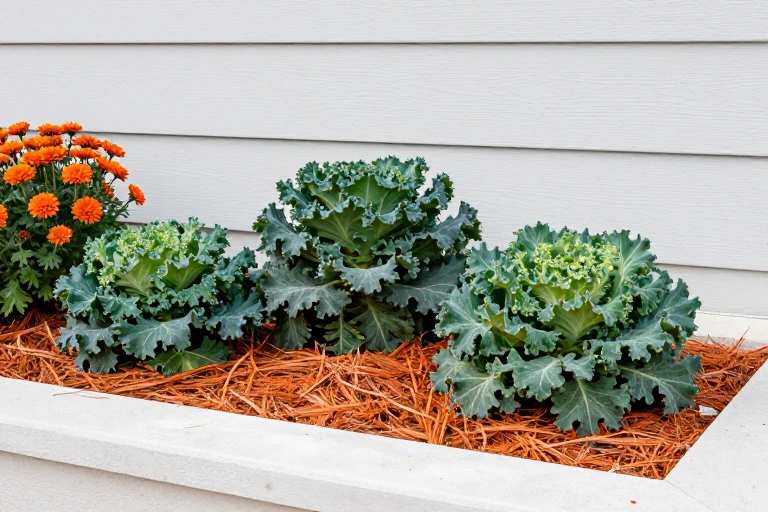 A planter with orange pine straw mulch contrasting against dark green foliage.