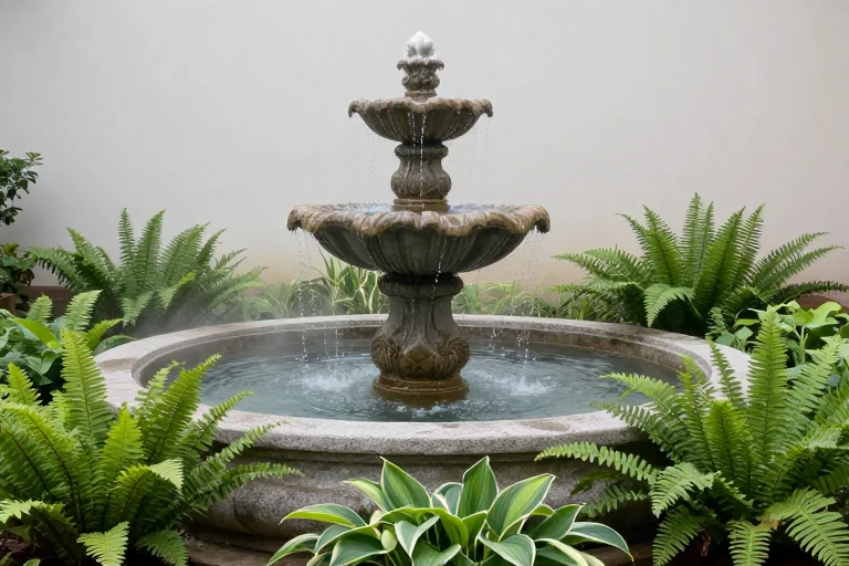 A planter with a miniature fountain surrounded by ferns and hostas.