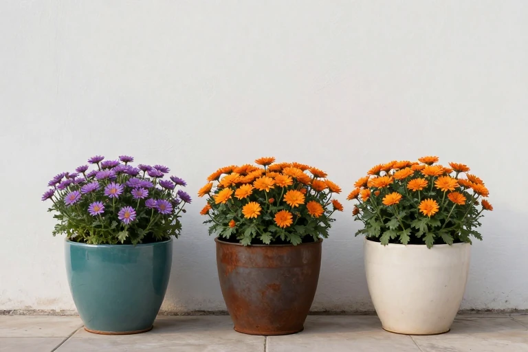 A group of three planters in teal, rust, and ivory holding autumn plants.