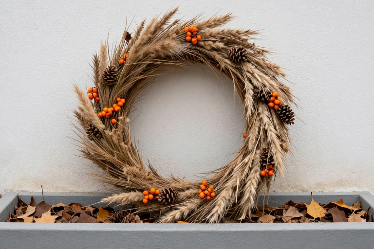 A wreath made of dried grasses and berries perched on a planter rim.