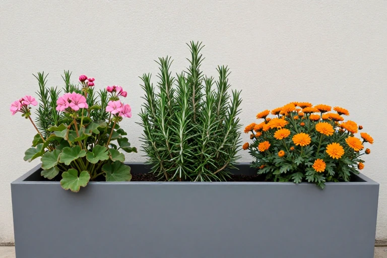 A planter featuring rosemary and scented geraniums among mums.