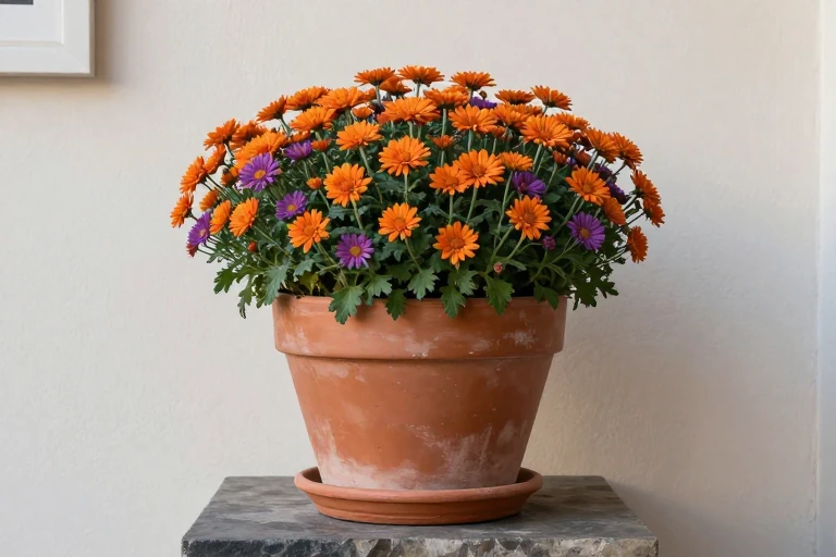 A raised planter on a stone pedestal showcasing autumn foliage.