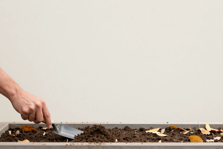 A gardener turning over soil in a planter with a hand trowel.