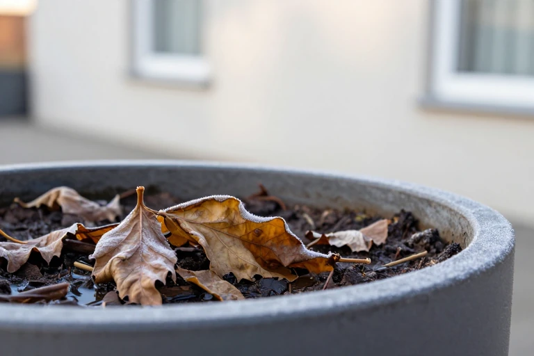 A wilted planter with soggy soil and frost damage.