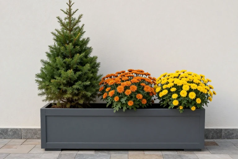 A mixed planter showing dwarf spruce on one side and orange mums on the other.