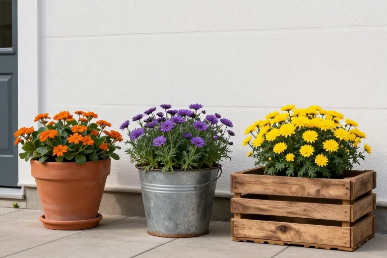 A row of three planters: terracotta, rusted metal, and reclaimed wood, each holding fall foliage.