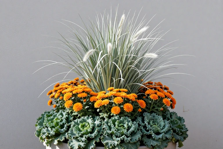 A tiered planter showing kale at the bottom, mums in the middle, and ornamental grasses at the top.
