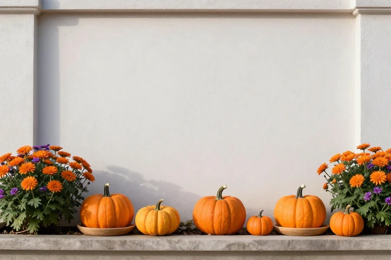 Mini pumpkins nestled among mums in a planter, each sitting on a small saucer.
