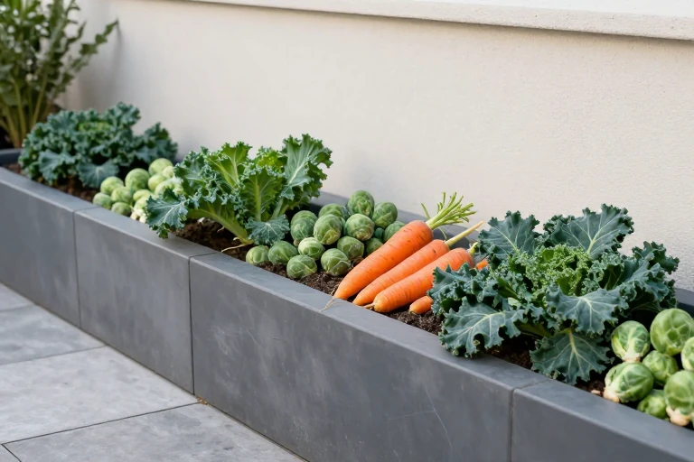 A raised‑bed planter filled with kale, Brussels sprouts, and carrots, ready for harvest.