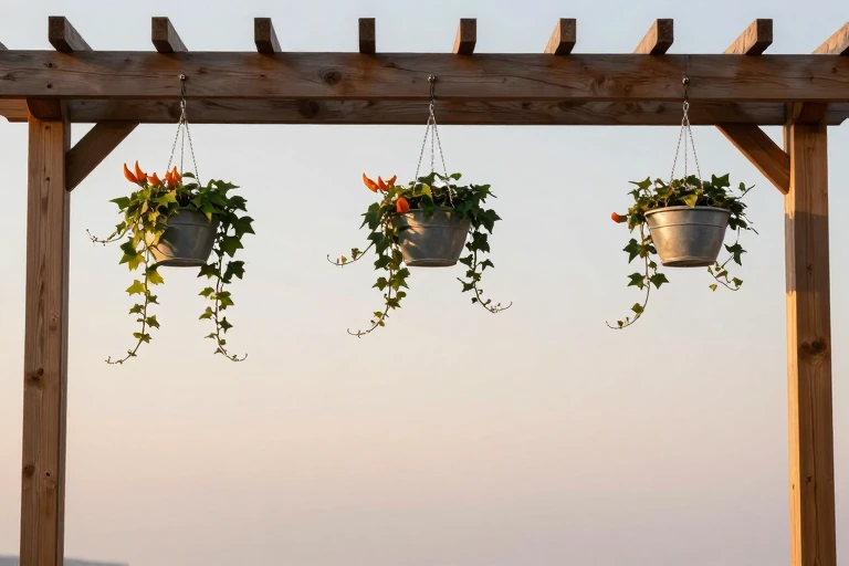 Hanging metal planters with trailing ivy suspended from a wooden pergola.