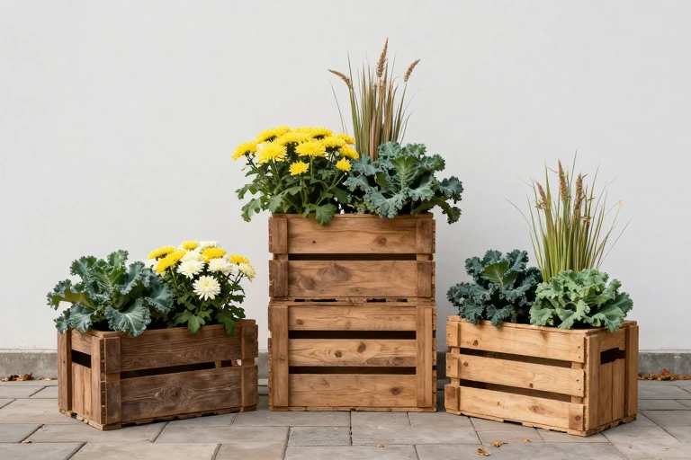 Stacked reclaimed wood crates filled with autumn plants on a patio.