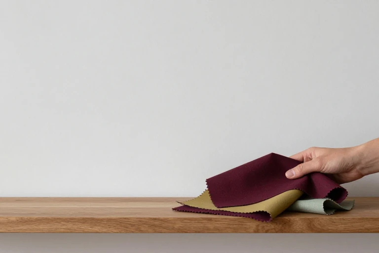Close‑up of a color swatch board showing burgundy, mustard, and sage placed on a mantle.