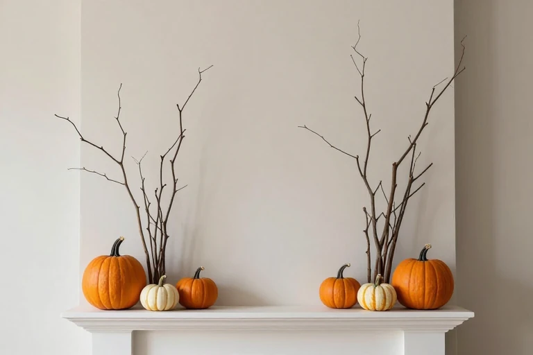 Mantle display showing tall branches and low pumpkins for height contrast.